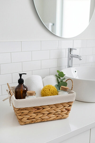 AVANTAGE HOME Claire - İç Korumalı Çok Amaçlı Hasır Sepet, Kulplu, Metal iske...