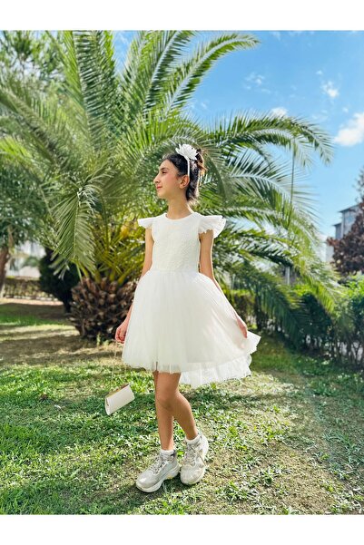 Neva Baby Boutique Kuyruklu Beyaz Tül Kız Çocuk Elbisesi Düğün - Doğum Günü - Okul Gösterisi Abiye (çanta taç hediyeli)