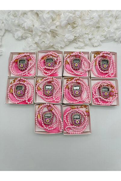 lenagiftworkshop طقم هدية حج وعمرة مكون من 10 قطع من حجر وردي زكيرماتيك وتسبيح في صندوق