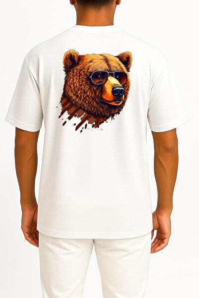Bahriyeli Collection oversized Πολύ δροσερό μπλουζάκι Unisex με πορτρέτο αρκούδας με γυαλιά και σχέδιο στο στήθος και την πλάτη