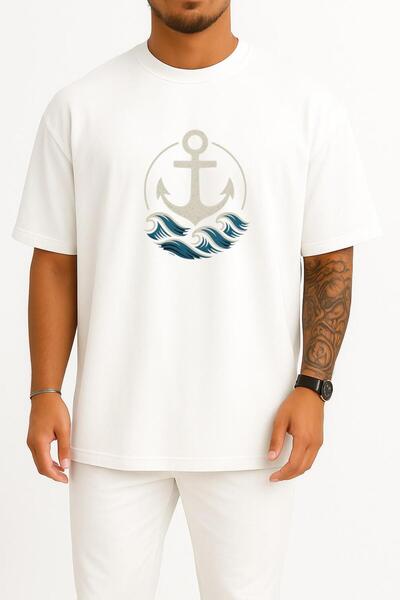 Bahriyeli Collection Oversize Anchor Wave – Unisex T-Shirt with Naval Chest Design