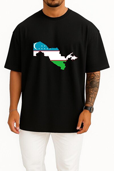 Bahriyeli Collection تي شيرت كبير الحجم بتصميم علم أوزبكستان وخريطة أوزبكستان...