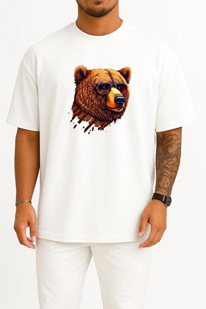 Bahriyeli Collection oversized Πολύ δροσερό μπλουζάκι Unisex με πορτρέτο αρκούδας με γυαλιά και σχέδιο στο στήθος και την πλάτη