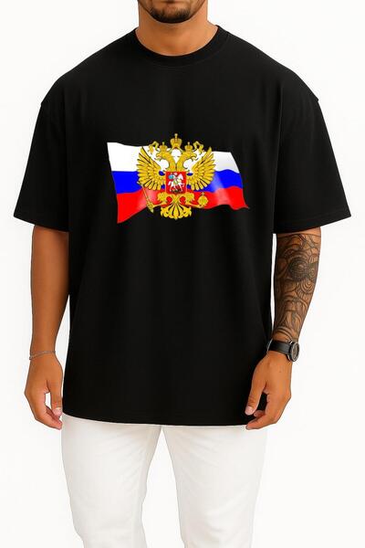 Bahriyeli Collection تي شيرت للجنسين بتصميم كبير الحجم يحمل شعار علم روسيا وي...