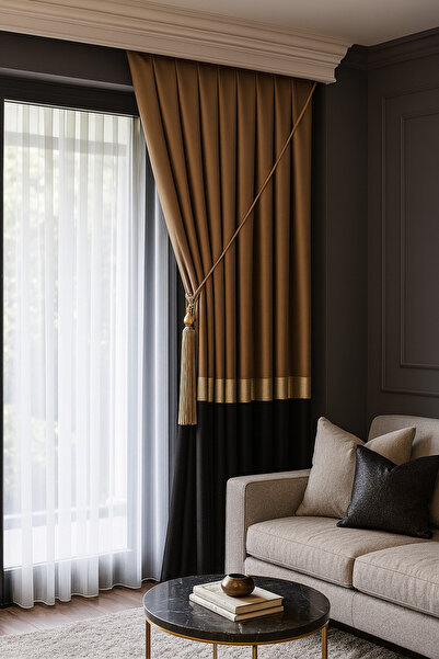 Emuz Pano Fon Perde, Premium Seri Liva Desen Siyah Gold Kahverengi 1 / 3 Pileli ( Tek Kanat )