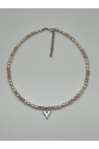 Lacinello Jewelry Kalpli Çelik Uçlu Pembe Kristal İnci Boncuk Tasarım Kolye