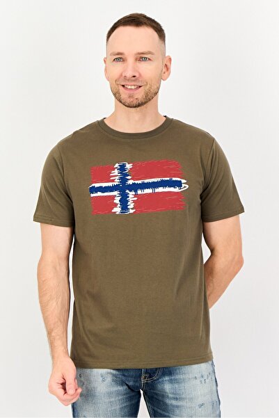 NORTHLAND Men Ribbed Collar Short Sleeve Brand Logo T-Shirt, Olive