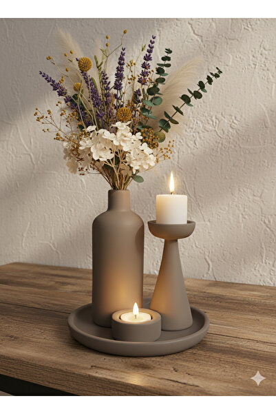 TACTIC Modern 4-Piece Decorative Set (Vase-Candlestick-Candle Holder-Tray) Mink