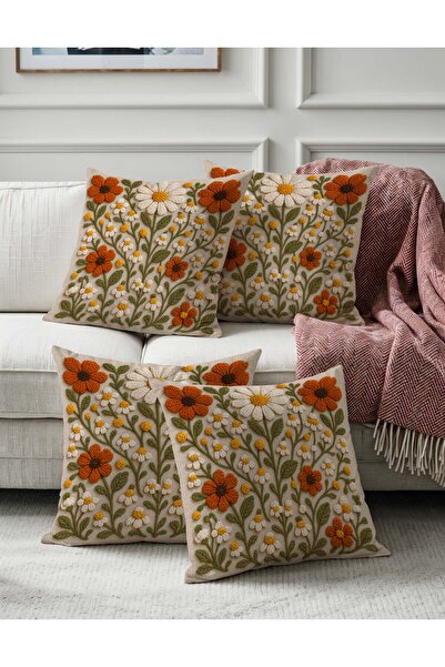Pillow Home Retro Style Punch Look Daisy and Orange Flower Patterned Digital ...