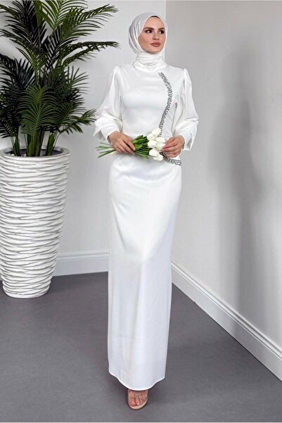 TRENDTESETTÜR Women's Ecru Stone Detailled Evening Dress t 1715