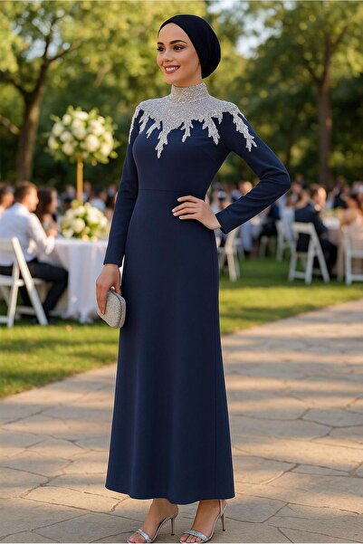 TRENDTESETTÜR KADIN LACİVERT TAŞLI ABİYE ELBİSE T 6193