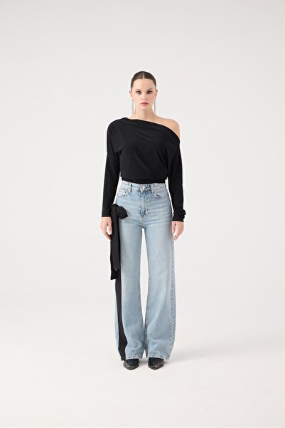 HOLLY LOLLY High Waist Ribbon Detailed Wide Leg Kyla Jean Trousers Black