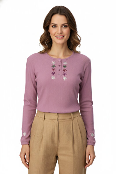 Oppland Kadın Badi Bluz Krinkle Kumaş Şık Çiçek Nakışlı Likralı Yuvarlak Yaka...