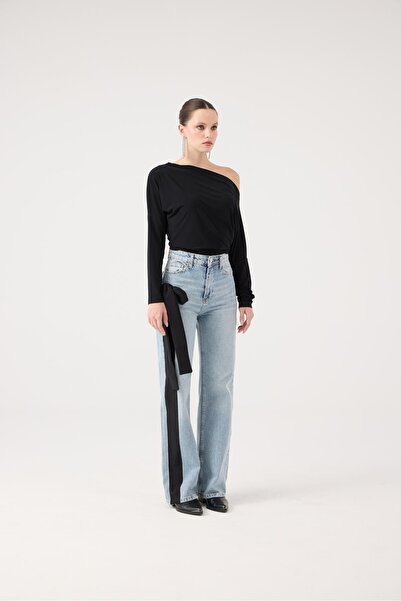 HOLLY LOLLY High Waist Ribbon Detailed Wide Leg Kyla Jean Trousers Black