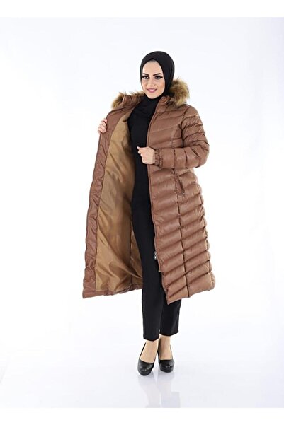 Space Fashion Дамско дълго светлокафяво пухено палто