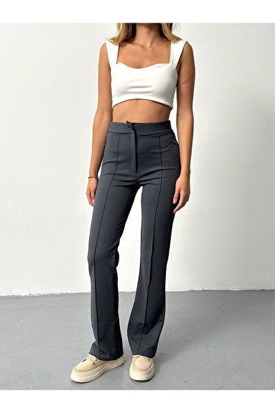 BEJNA Gerippte Palazzo-Hose für Damen mit hoher Taille – Anthrazit mit ausgestelltem Bein