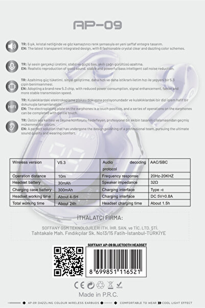 Soffany AP09-010 TWS Bluetooth Kulaklık Bileklik Lila