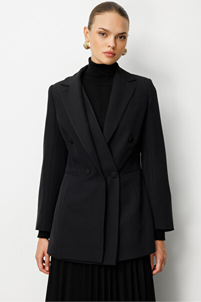 Mizalle Tasarım Renk Bloklu Siyah-Siyah Ceket