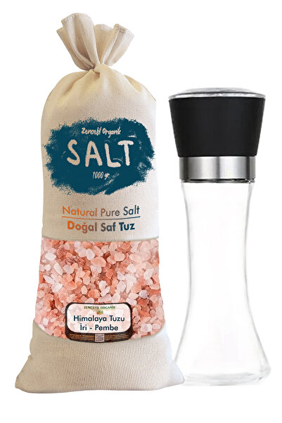 Zencefil Organik Himalaya Tuzu Bez Torbada 1 Kg. Pembe Renk İri Taneli + Cam Değirmen Tuz/Baharat Değirmeni