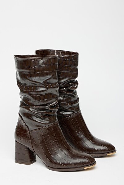 Madamra Γυναικείες μπότες με τακούνι καφέ Crocodile με λεπτομέρεια με κορδόνια