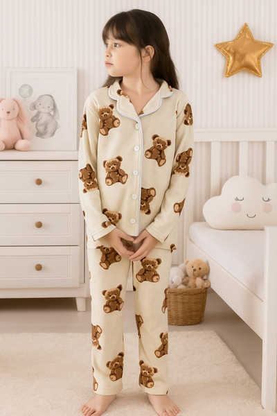 zahider Gömlek yaka pamuklu kız çocuk ayıcık desenli süet düğmeli pijama takımı