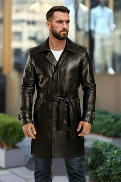 DERİJE Matrix Hakiki Deri Erkek Siyah Kuşaklı Pardesü