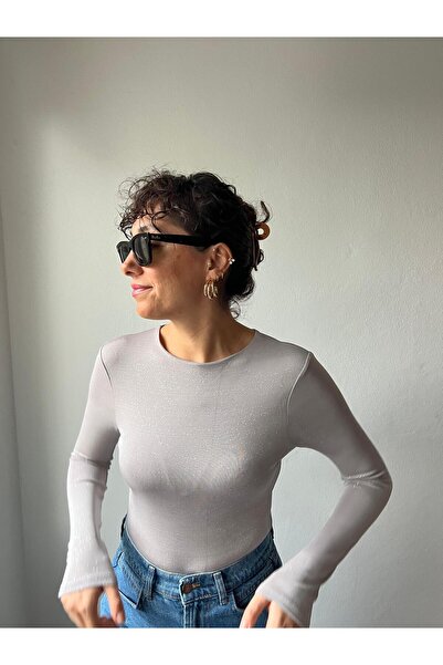 Dresslabtr Gray Glitter Self Shining Shaping / Sculpting Soft Textured Long Sleeve Body Bodysuit