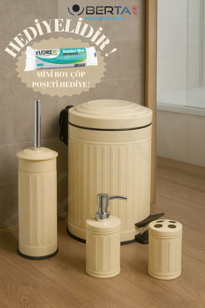 Berta Hijyen Vintage Dörtlü Krem Banyo Seti Çöp Kovası Tuvalet Fırçası Diş Fı...