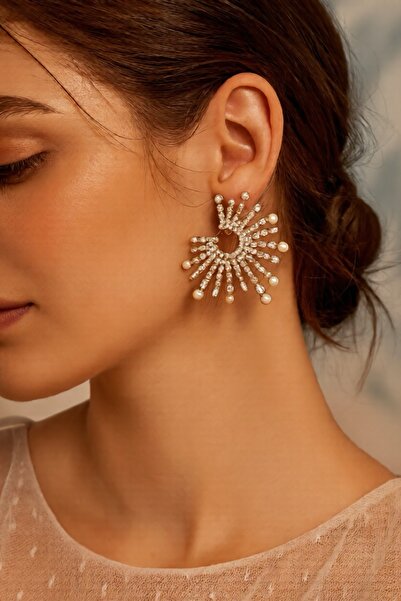 COCOSH TAKI Gold renk zirkon taşlı inci detaylı zarif abiye küpe