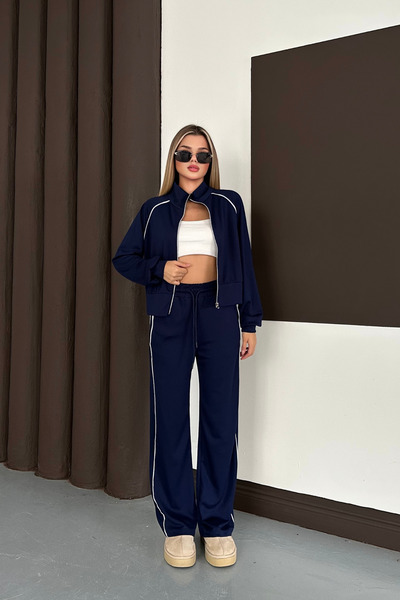 mielva Жіночий спортивний костюм з синьою смужкою, широкими штанинами та блискавкою, виготовлений з модального полотна