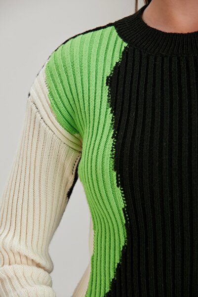 Sortie Women's Crew Neck Patterned Midi Length Slim Black Color Knitwear Sweater