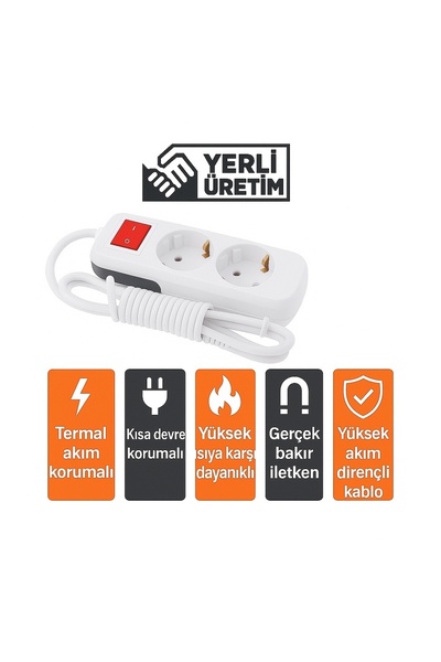 REYYEN 2'li Anahtarlı Grup Fiş Priz 3 Metre Termal Akım Korumalı Uzatma Kablosu (%100 Bakır Ünal Kablo)