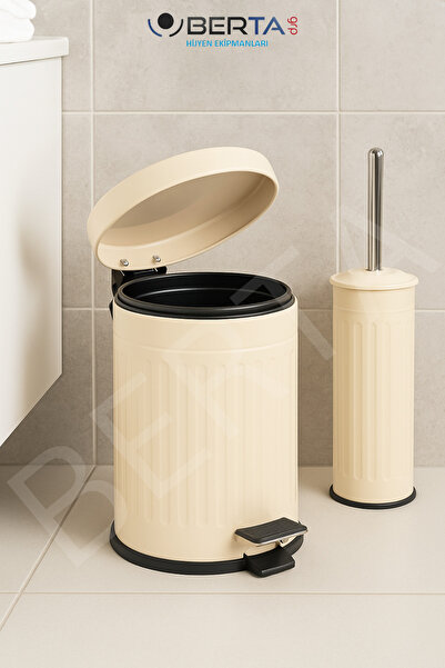 Berta Hijyen Vintage Dörtlü Krem Banyo Seti Çöp Kovası Tuvalet Fırçası Diş Fırçalık Sıvı Sabunluk Metal