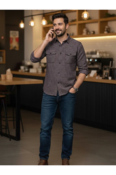 BERNEO Erkek Baba Çift Cepli Klasik Kesim Kareli Ekose Gömlek