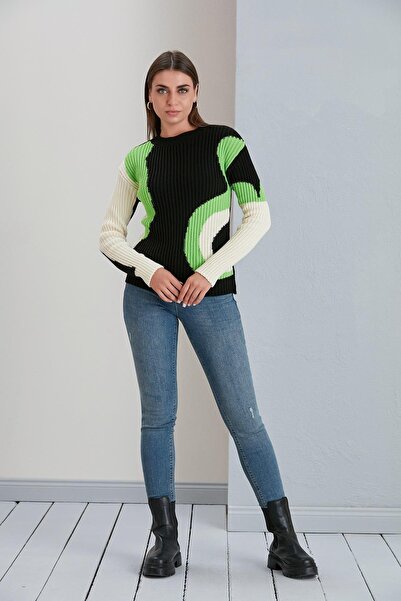 Sortie Women's Crew Neck Patterned Midi Length Slim Black Color Knitwear Sweater