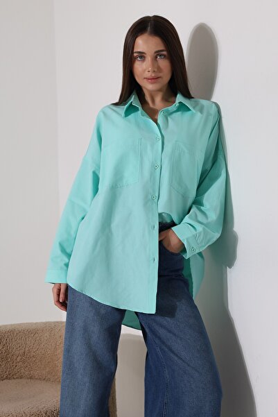 Corradeo Giyim Poplin Fabric Double Pocket Oversized Cotton Women's Water Green Tunic Shirt
