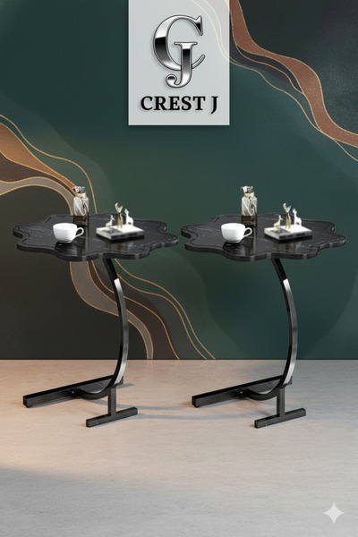 Crestj C-Shaped Side Table by In Zone, Small Wooden Side Table for Sofa and Bedside (2, Black)