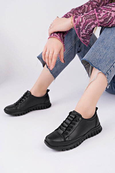 Deripabuc Hakiki Deri Siyah Kadın Anatomik Deri Casual Ayakkabı Dp79-8605