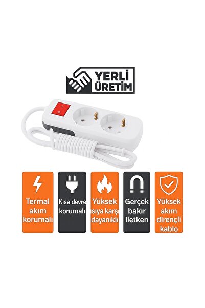 REYYEN 2'li Anahtarlı Grup Priz Fiş 2 Metre Termal Akım ve Kısa Devre Korumalı Uzatma Kablosu