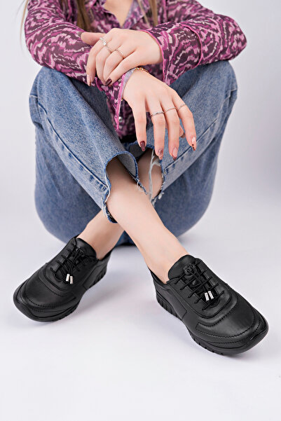 Deripabuc Genuine Leather Black Women's Leather Sneaker Shoes Dp79-0208