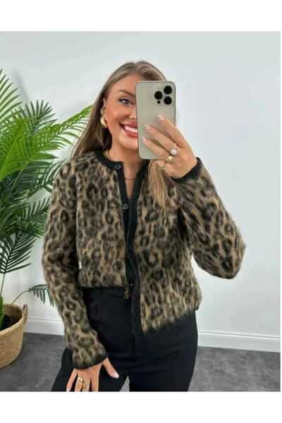 modagenç Pulover crop cu nasturi si model leopard