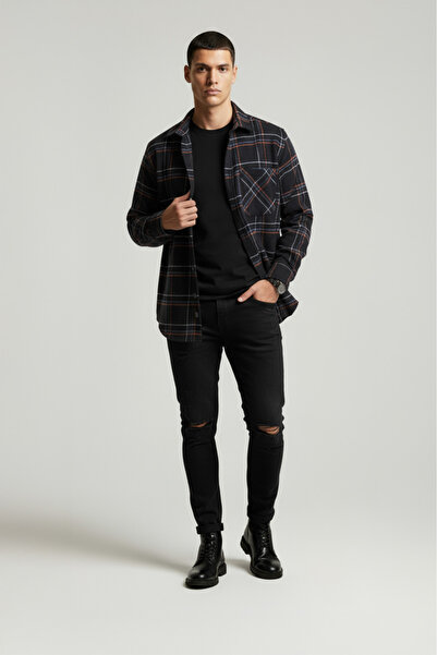 Etikmen Μαύρο τούβλο ριγέ Oversize Χοντρό πουκάμισο ξυλοκόπο με κουτί δώρου