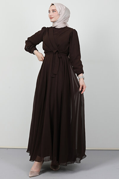 giz astore Önü Çapraz Şifon Elbise Acı Kahve