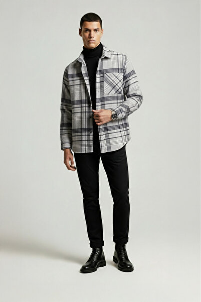 Etikmen Сива тъмносиня раирана дебела риза с подаръчна кутия