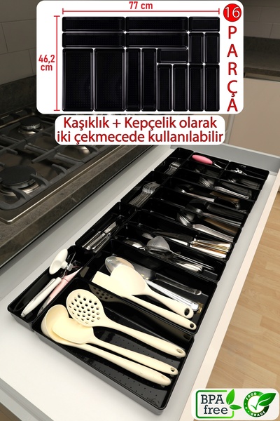 color house Negru lucios (negru pian) Set de 16 sertare modulare pentru organizator pentru tacâmuri