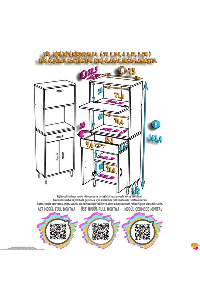 Modilayn VİO (75x163,4x32.5 cm) Çekmeceli, Kapaklı, Ekmeklikli. Mini/Midi Mikrodalga Mutfak Dolabı