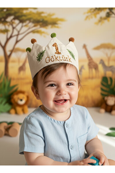 Fiyonka Safari Temalı 1 Yaş Doğum Günü Tacı - 1 Yaş Doğum Günü Konsepti - İsm...