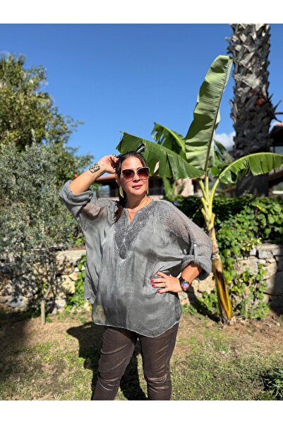 Punta Otantik Nc1868 Sequined Shoulder Ruched Silk Knitwear Italian Blouse Smoked