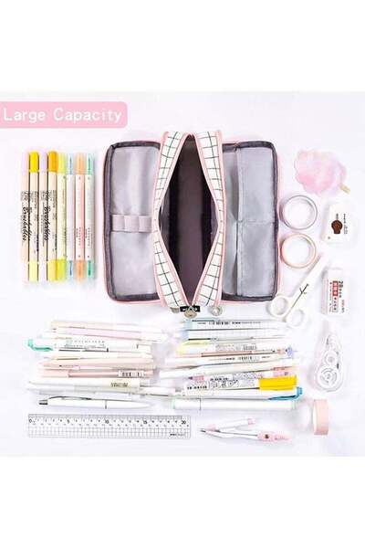 fulina Cute Plaid Pencil Case Large Striped Makeup Pouch Cosmetic Organizer Bags 3 Layer Zipper Pen Holder