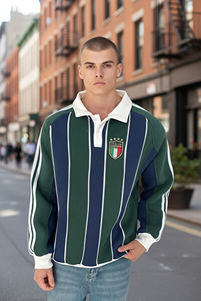 İLKCET MODA İtalia Nakış Şerit Çizgili Unisex Oversize Sweatshirt